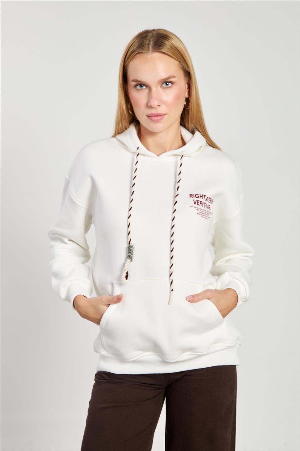 Kadın Ön Arka Baskılı Kapüşonlu Sweatshirt - Ekru