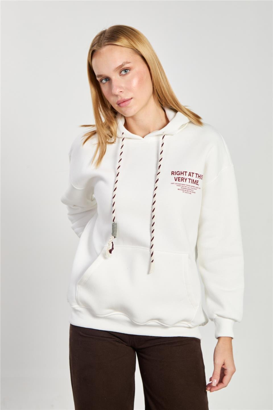 Kadın Ön Arka Baskılı Kapüşonlu Sweatshirt - Ekru