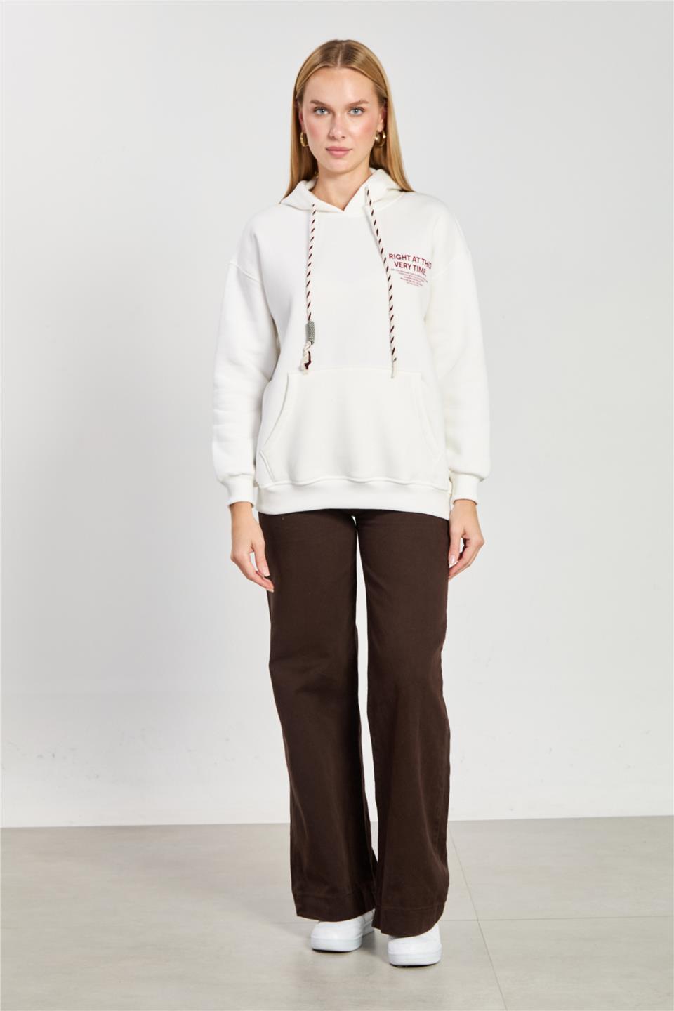 Kadın Ön Arka Baskılı Kapüşonlu Sweatshirt - Ekru