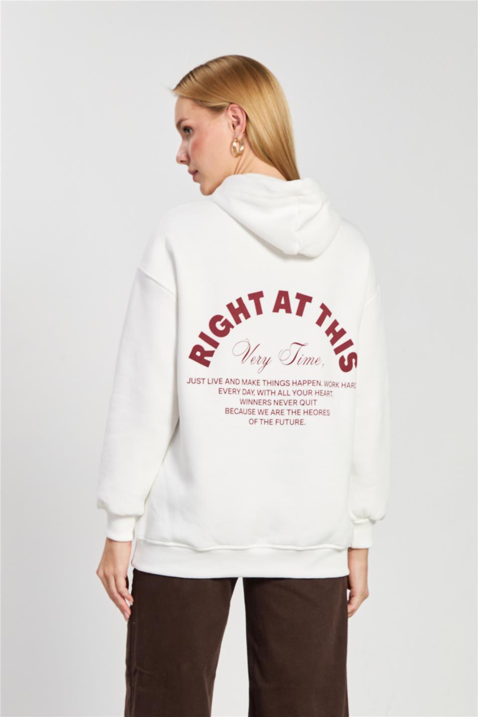 Kadın Ön Arka Baskılı Kapüşonlu Sweatshirt - Ekru