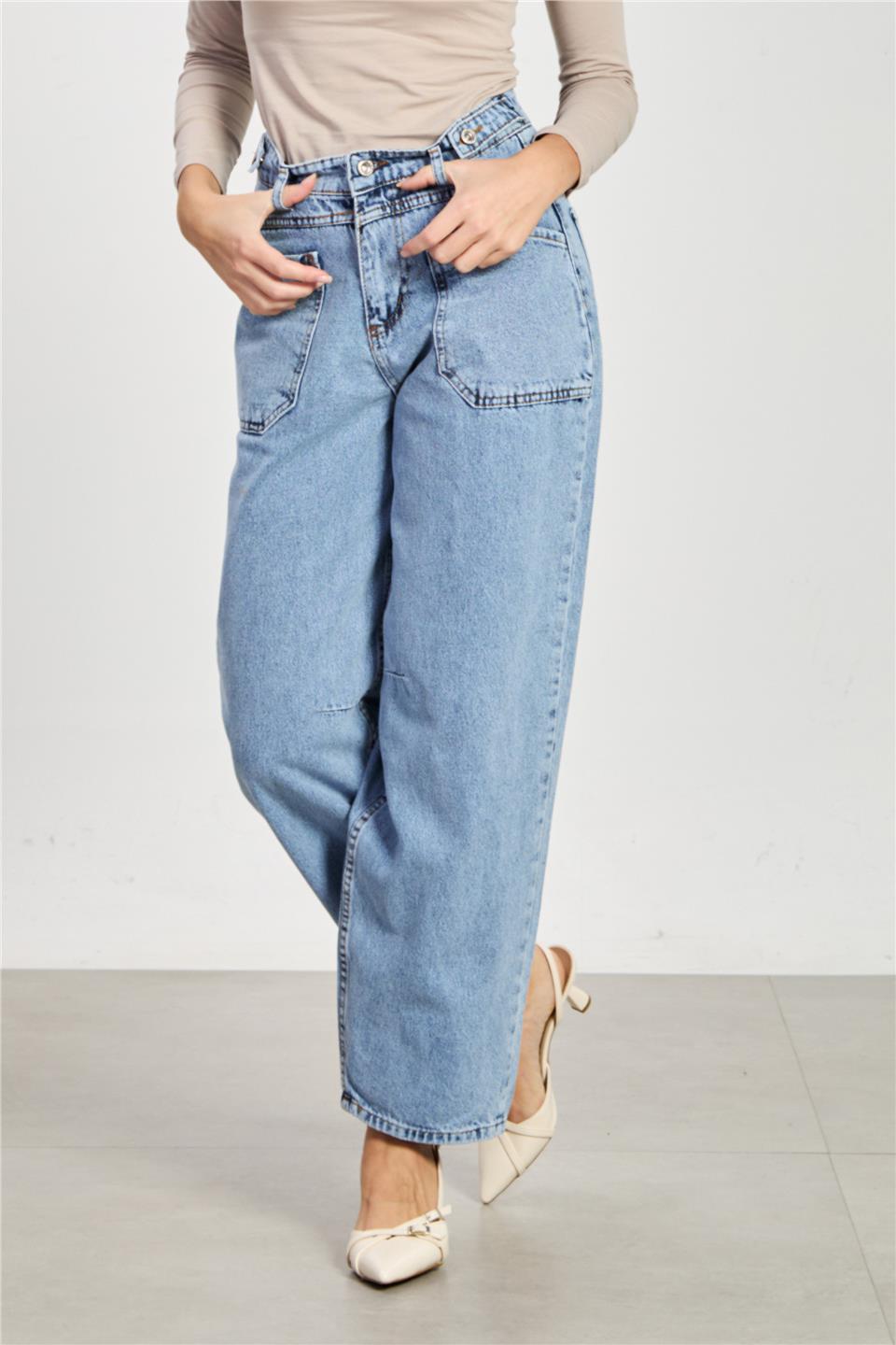 Kadın Ön Cepli Baggy Jean Pantolon - Mavi