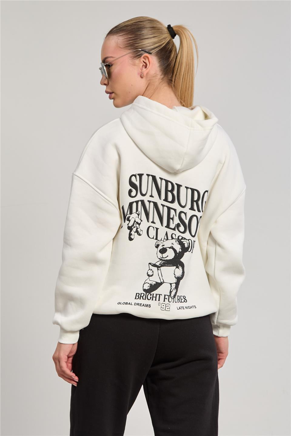 Kadın Ön ve Arkası Ayı Baskılı Sweatshirt - Ekru