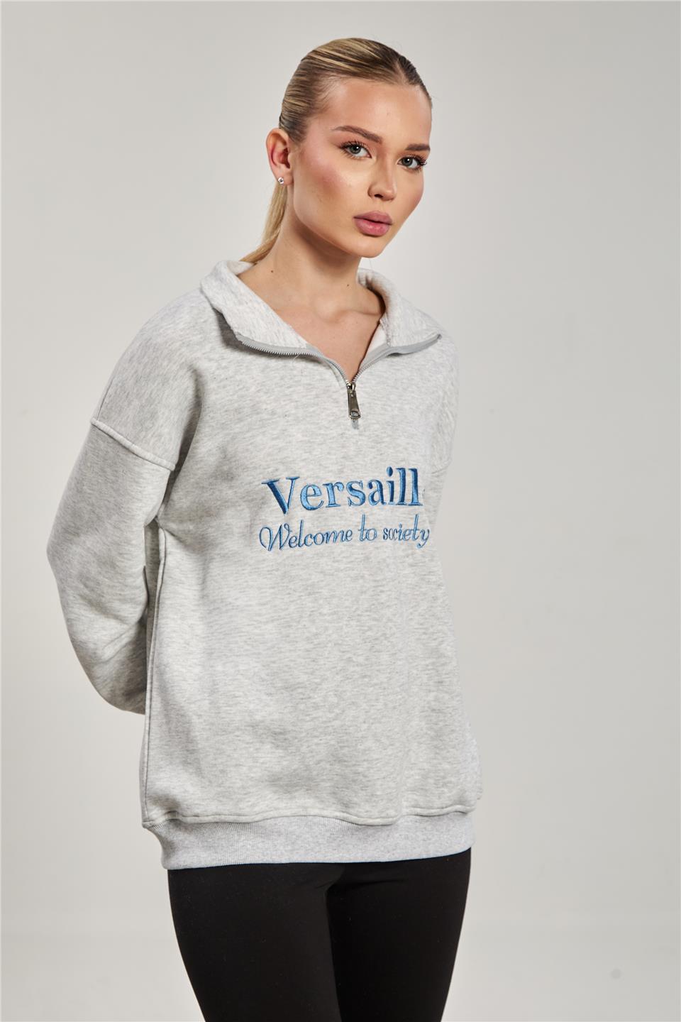 Kadın Önü Baskılı Dik Yaka Yarım Fermuarlı Sweat - Kar Melanj