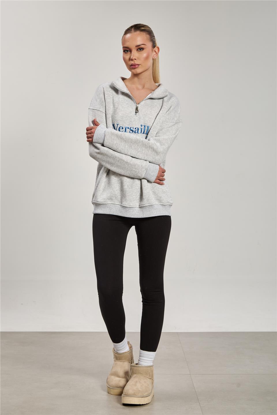 Kadın Önü Baskılı Dik Yaka Yarım Fermuarlı Sweat - Kar Melanj