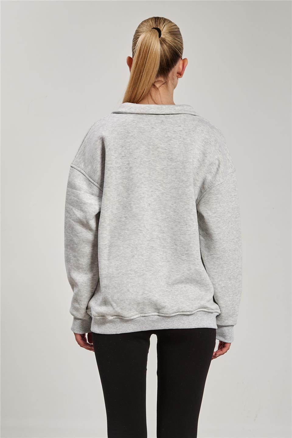 Kadın Önü Baskılı Dik Yaka Yarım Fermuarlı Sweat - Kar Melanj