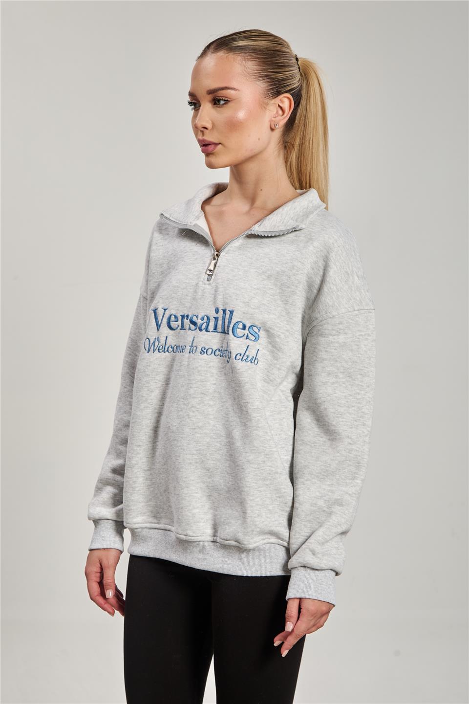 Kadın Önü Baskılı Dik Yaka Yarım Fermuarlı Sweat - Kar Melanj