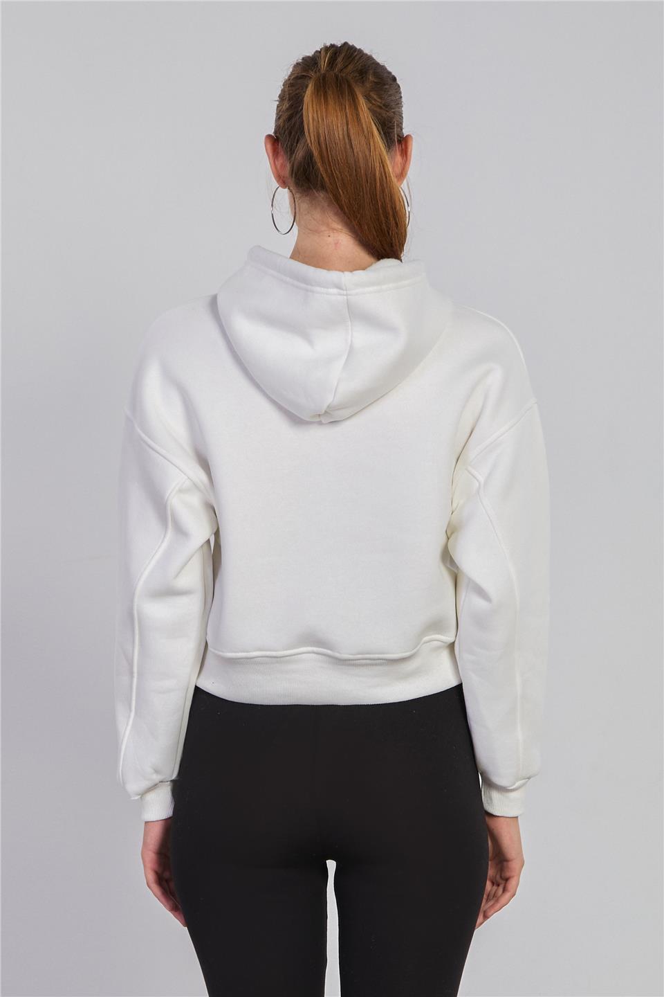 Kadın Önü Baskılı Kapüşonlu Kısa Sweatshirt - Ekru