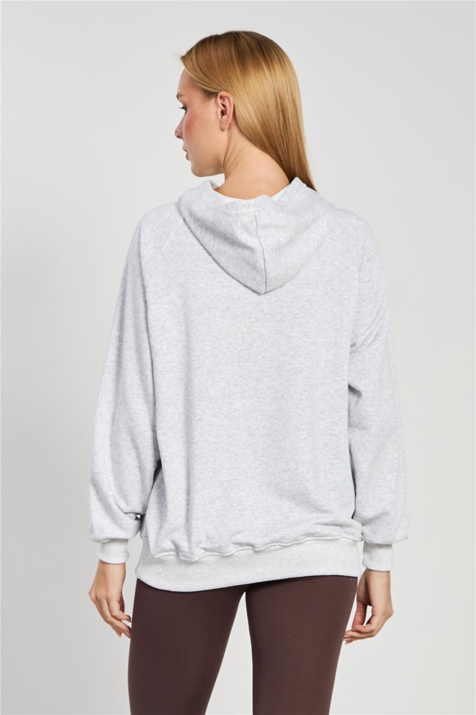 Kadın Önü Boncuk Baskılı Kapüşonlu Sweatshirt - Kar Melanj