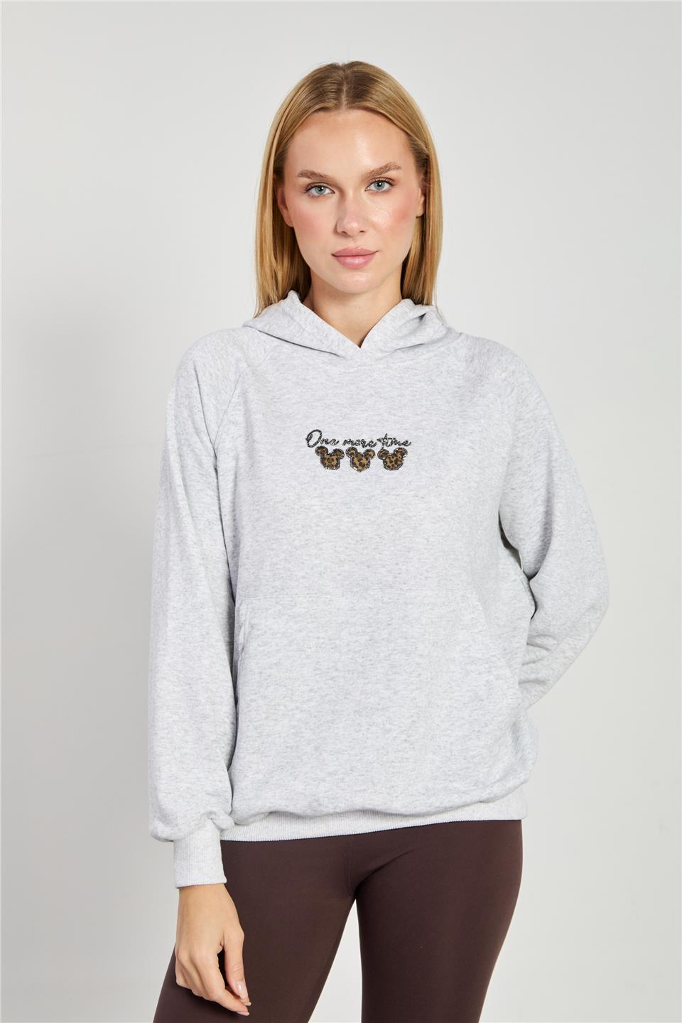 Kadın Önü Boncuk Baskılı Kapüşonlu Sweatshirt - Kar Melanj