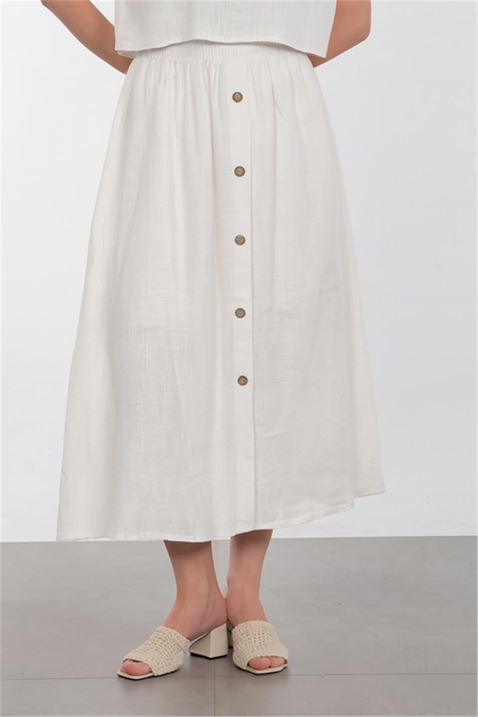 Kadın Önü Düğmeli Keten Etek - Beyaz