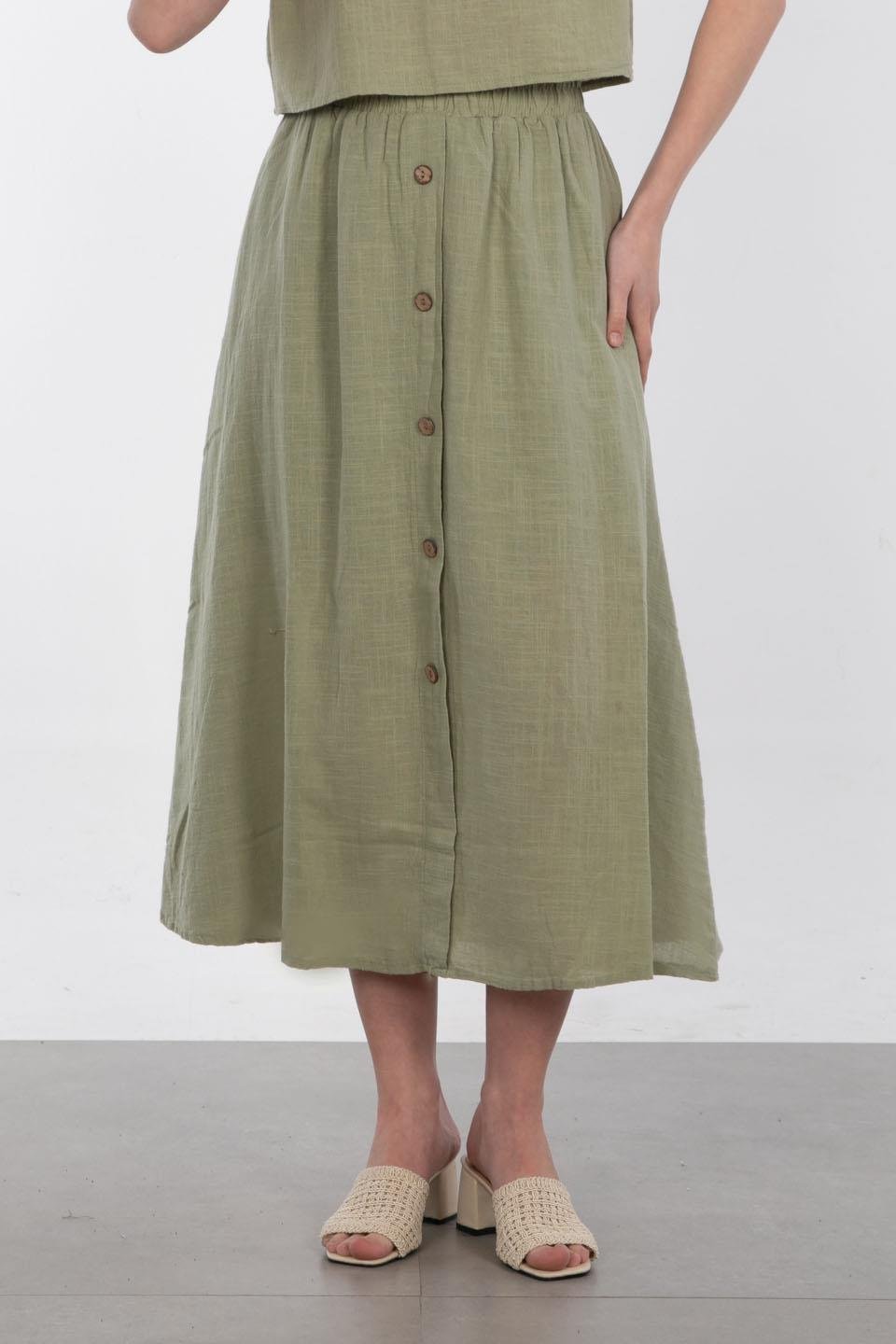 Önü Düğmeli Keten Etek - Yeşil