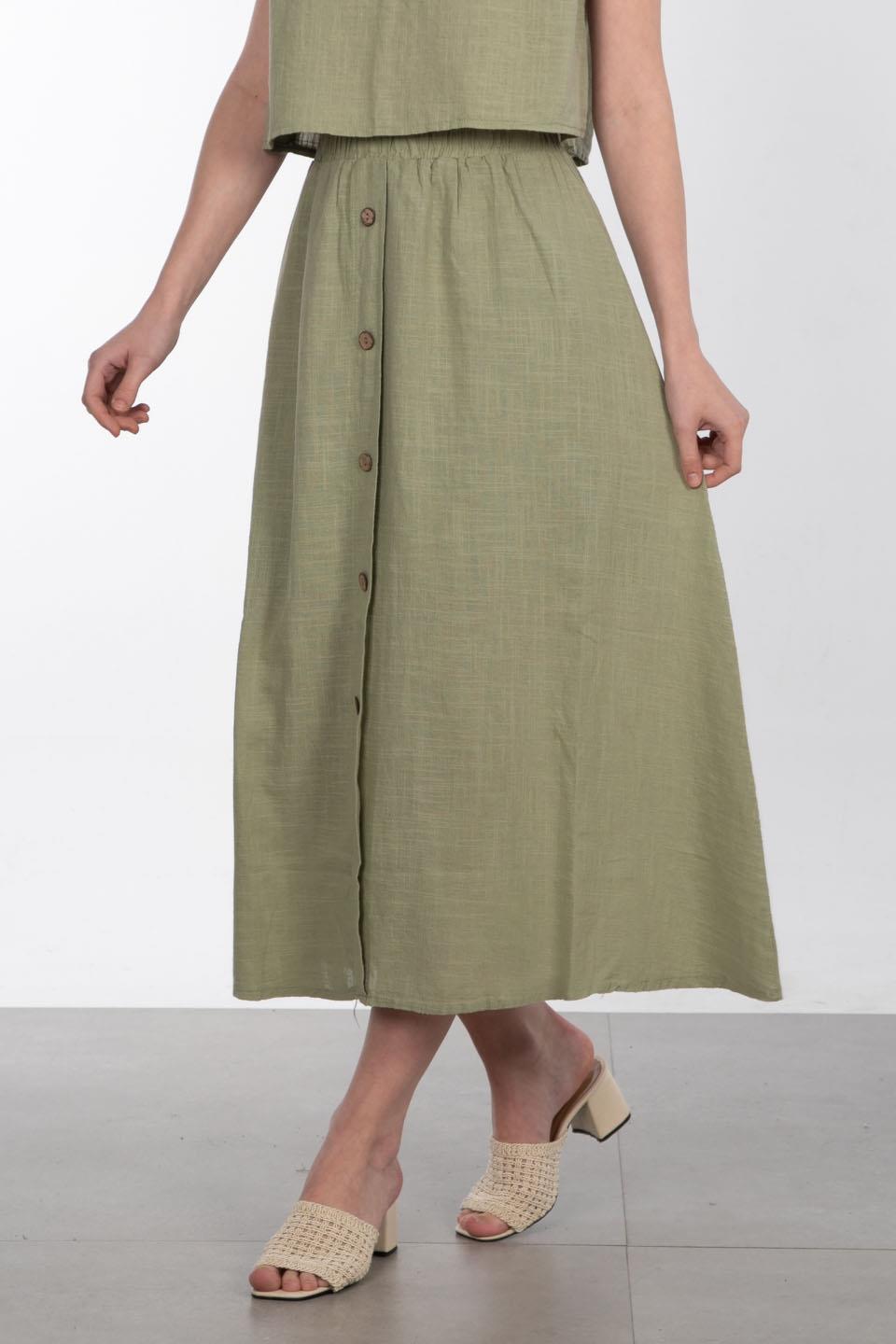 Önü Düğmeli Keten Etek - Yeşil