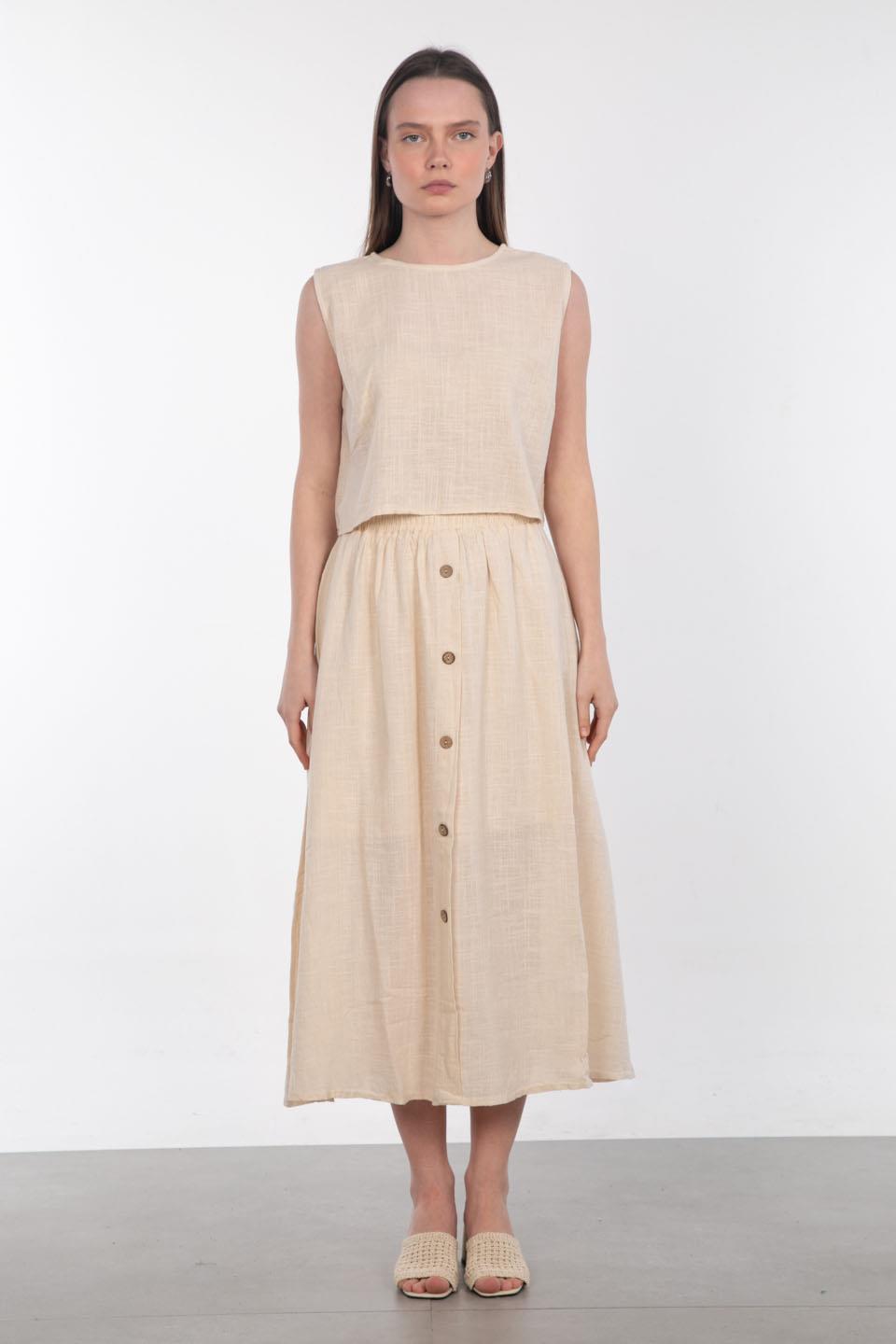 Önü Düğmeli Keten Etek - Taş