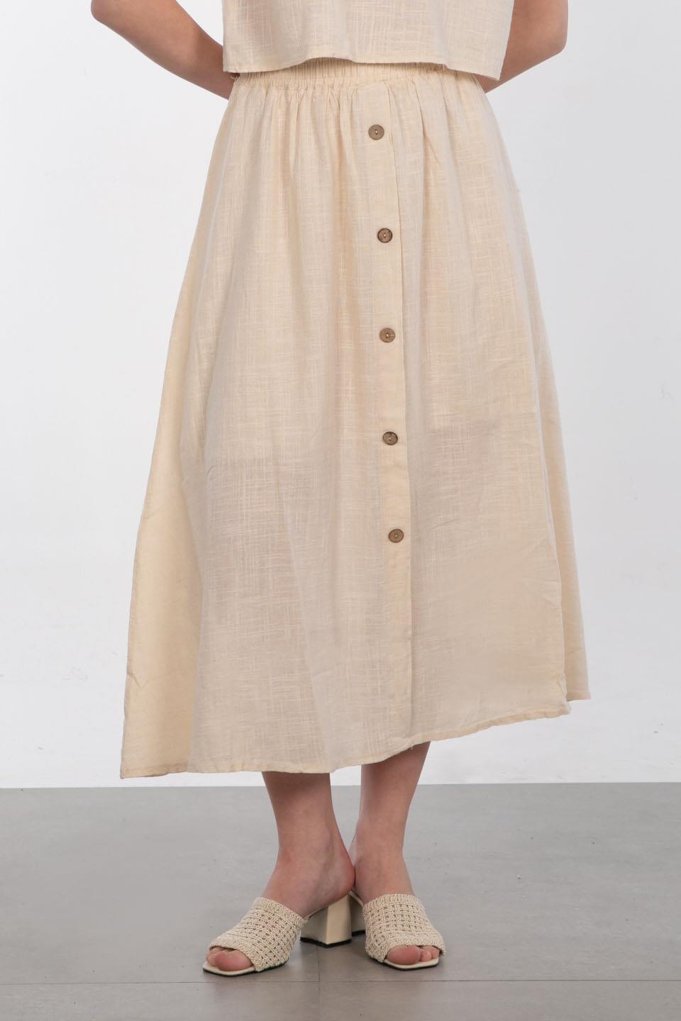 Önü Düğmeli Keten Etek - Taş