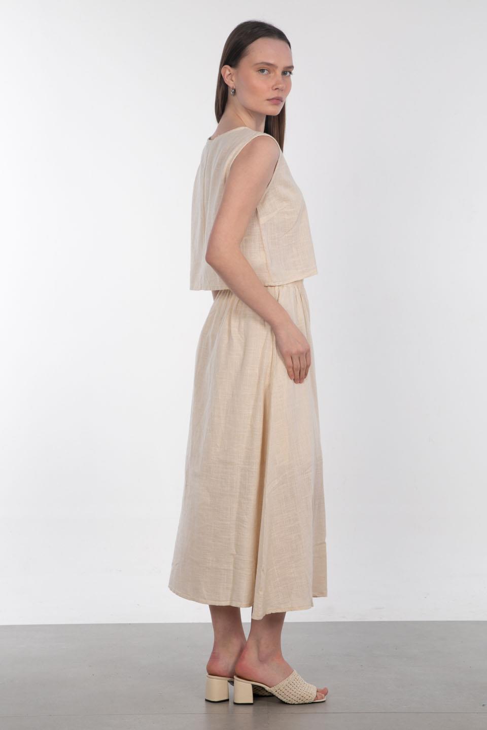 Önü Düğmeli Keten Etek - Taş