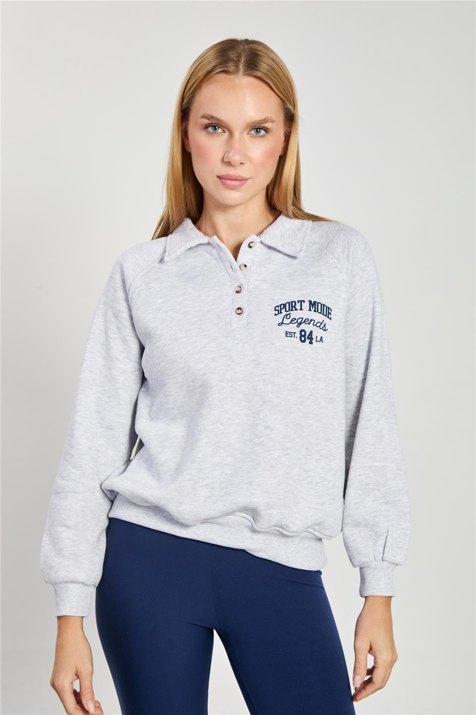 Kadın Önü Düğmeli Polo Yaka Sweatshirt - Kar Melanj