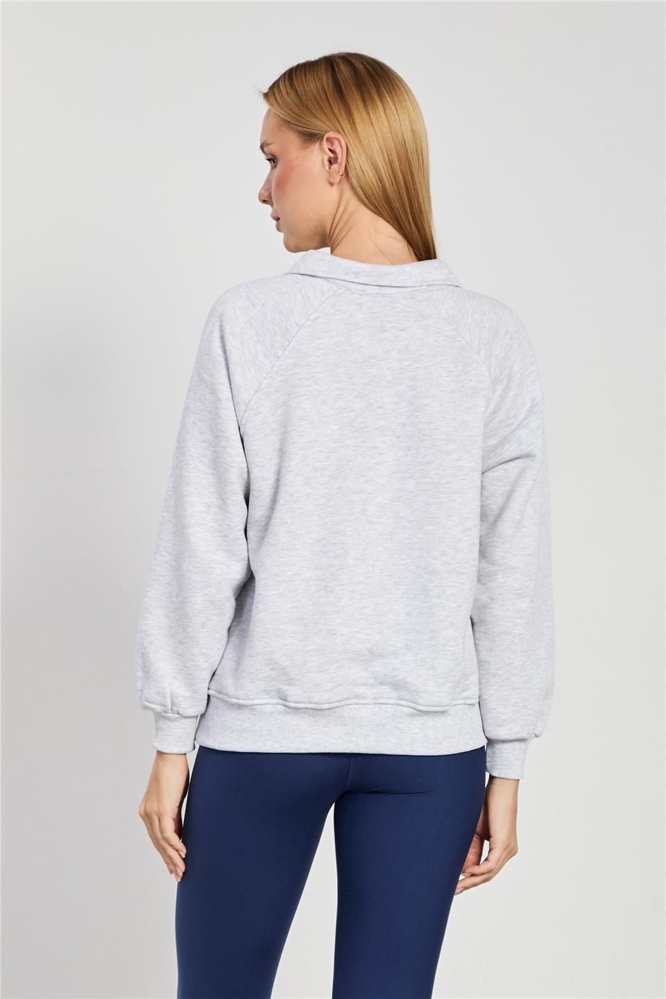 Kadın Önü Düğmeli Polo Yaka Sweatshirt - Kar Melanj