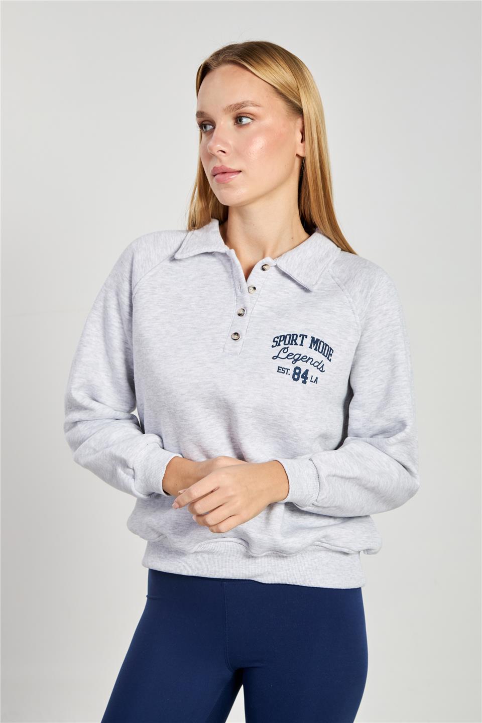 Kadın Önü Düğmeli Polo Yaka Sweatshirt - Kar Melanj