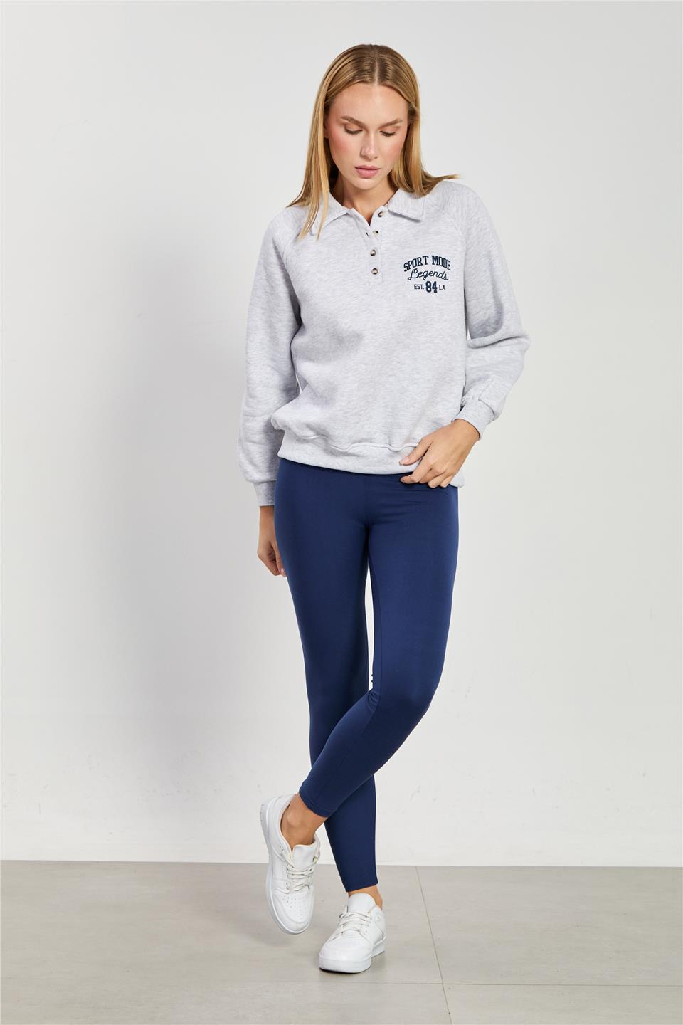 Kadın Önü Düğmeli Polo Yaka Sweatshirt - Kar Melanj