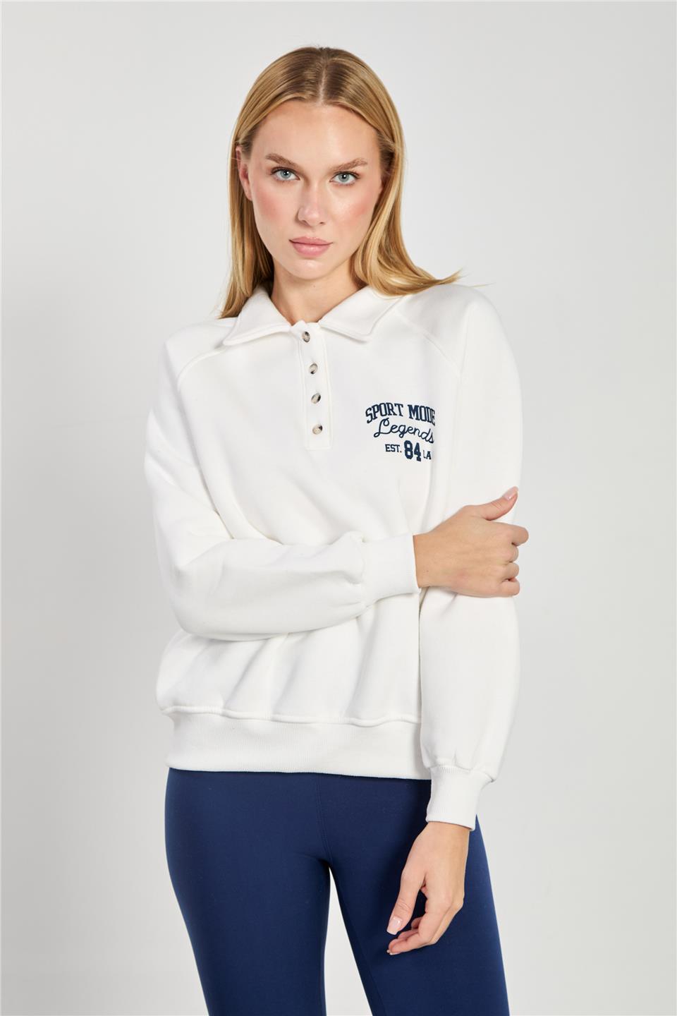 Kadın Önü Düğmeli Polo Yaka Sweatshirt - Ekru