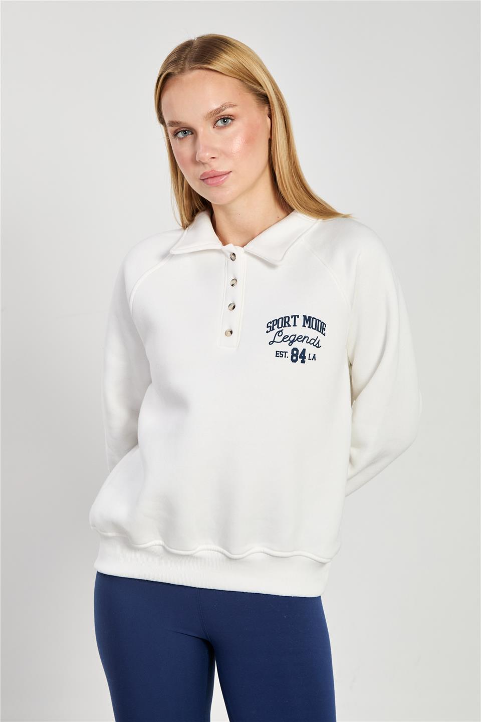 Kadın Önü Düğmeli Polo Yaka Sweatshirt - Ekru