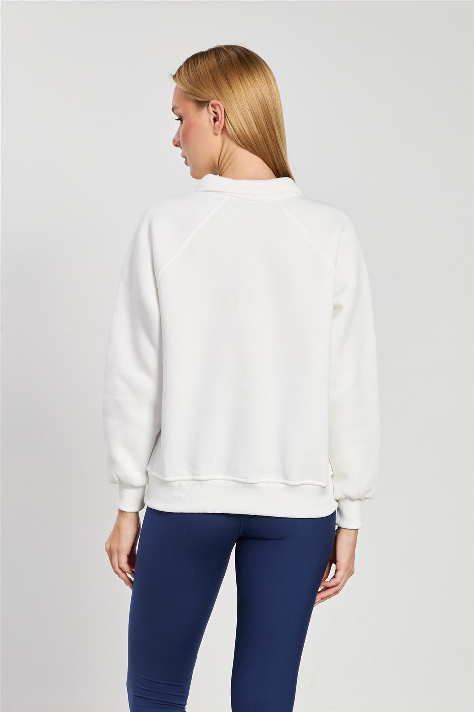 Kadın Önü Düğmeli Polo Yaka Sweatshirt - Ekru