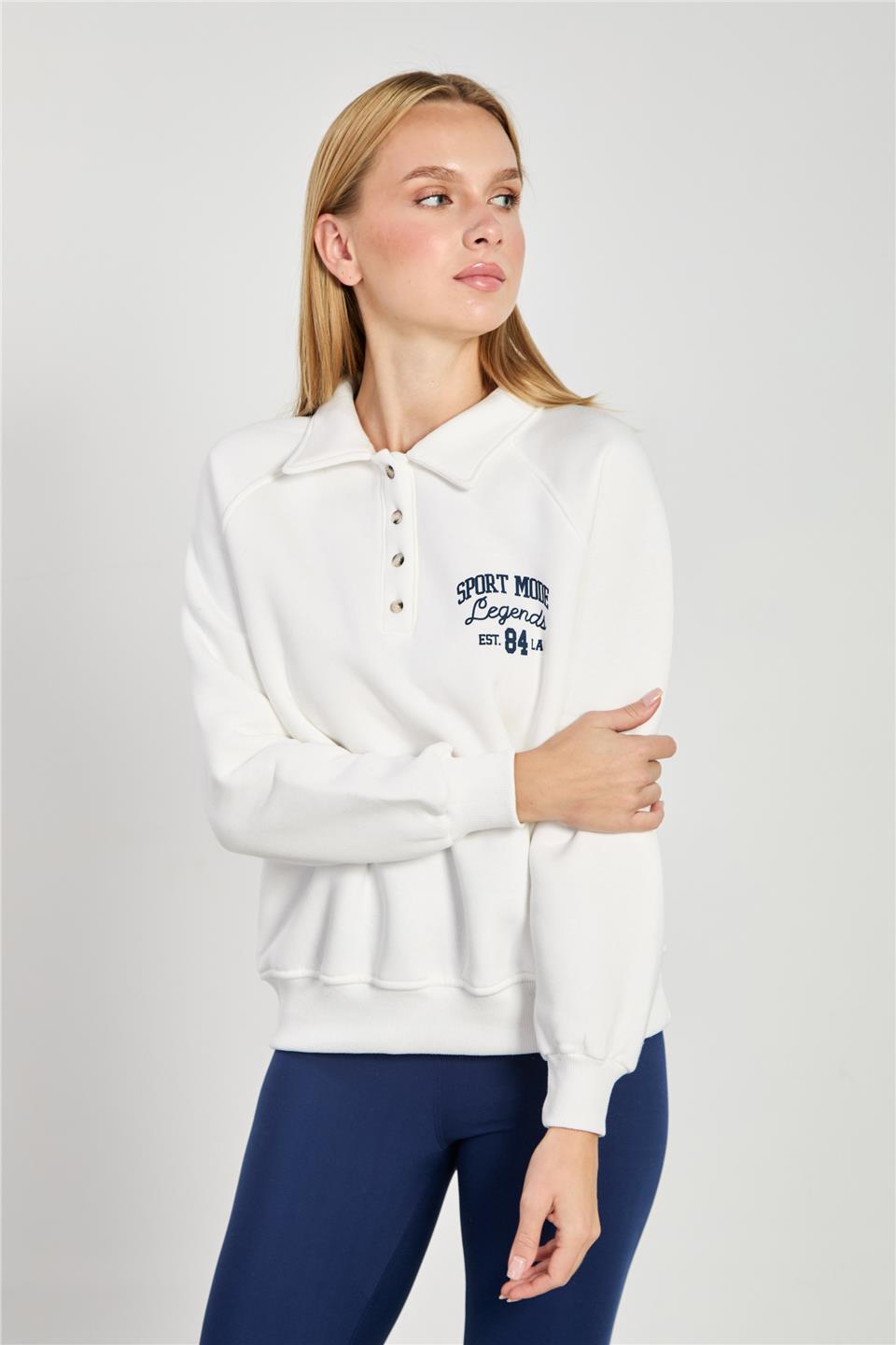 Kadın Önü Düğmeli Polo Yaka Sweatshirt - Ekru