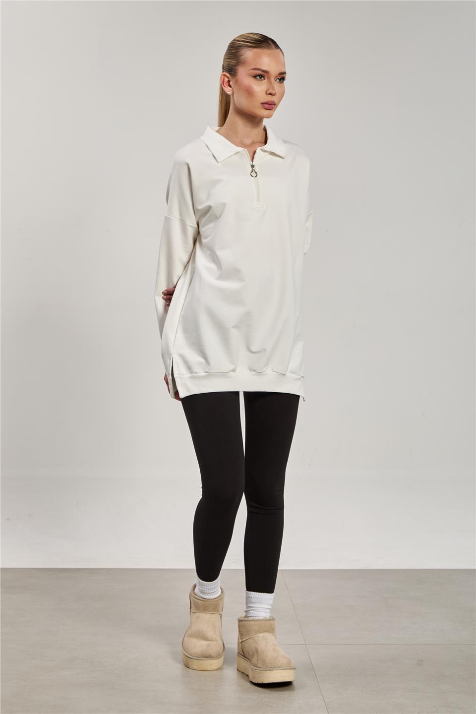 Kadın Önü Fermuarlı Polo Yaka Sweatshirt - Ekru