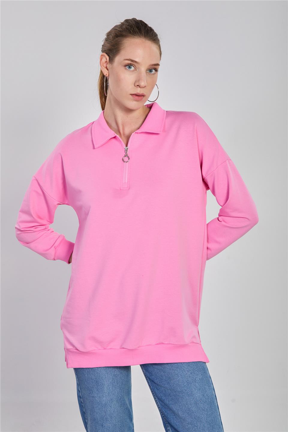 Kadın Önü Fermuarlı Polo Yaka Sweatshirt - Pembe