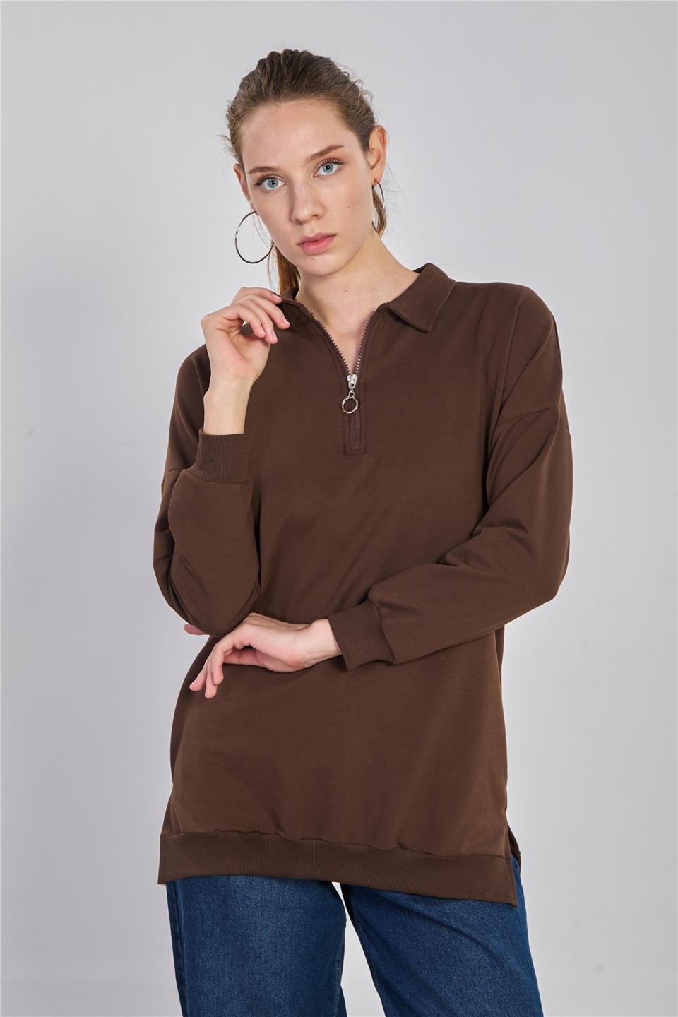 Kadın Önü Fermuarlı Polo Yaka Sweatshirt - Kahve