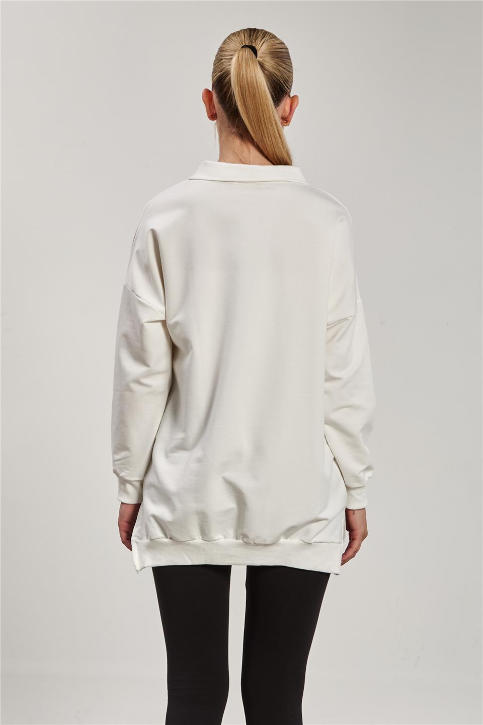 Kadın Önü Fermuarlı Polo Yaka Sweatshirt - Ekru