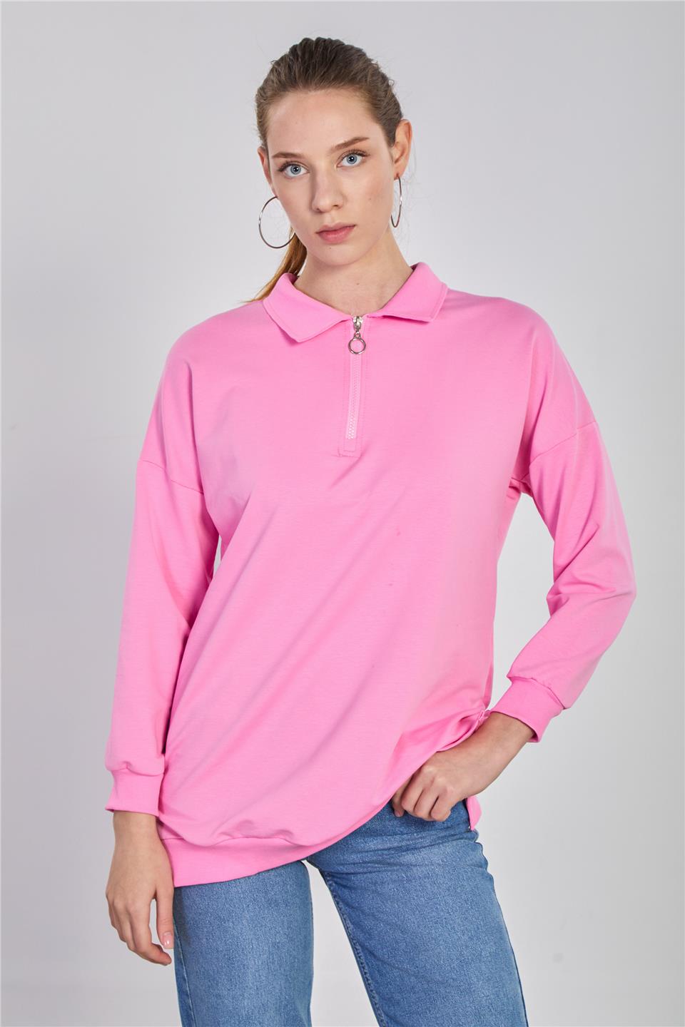 Kadın Önü Fermuarlı Polo Yaka Sweatshirt - Pembe