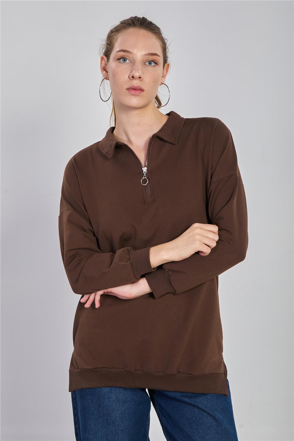 Kadın Önü Fermuarlı Polo Yaka Sweatshirt - Kahve