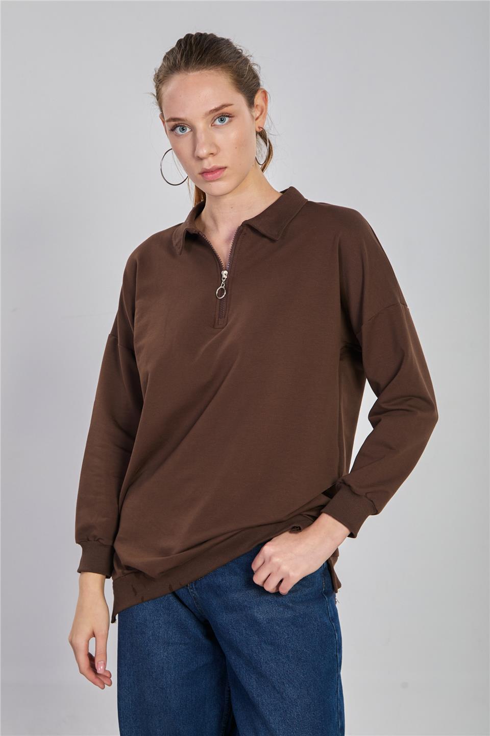 Kadın Önü Fermuarlı Polo Yaka Sweatshirt - Kahve
