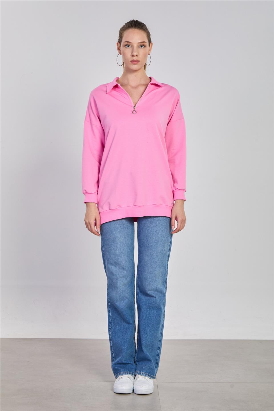 Kadın Önü Fermuarlı Polo Yaka Sweatshirt - Pembe
