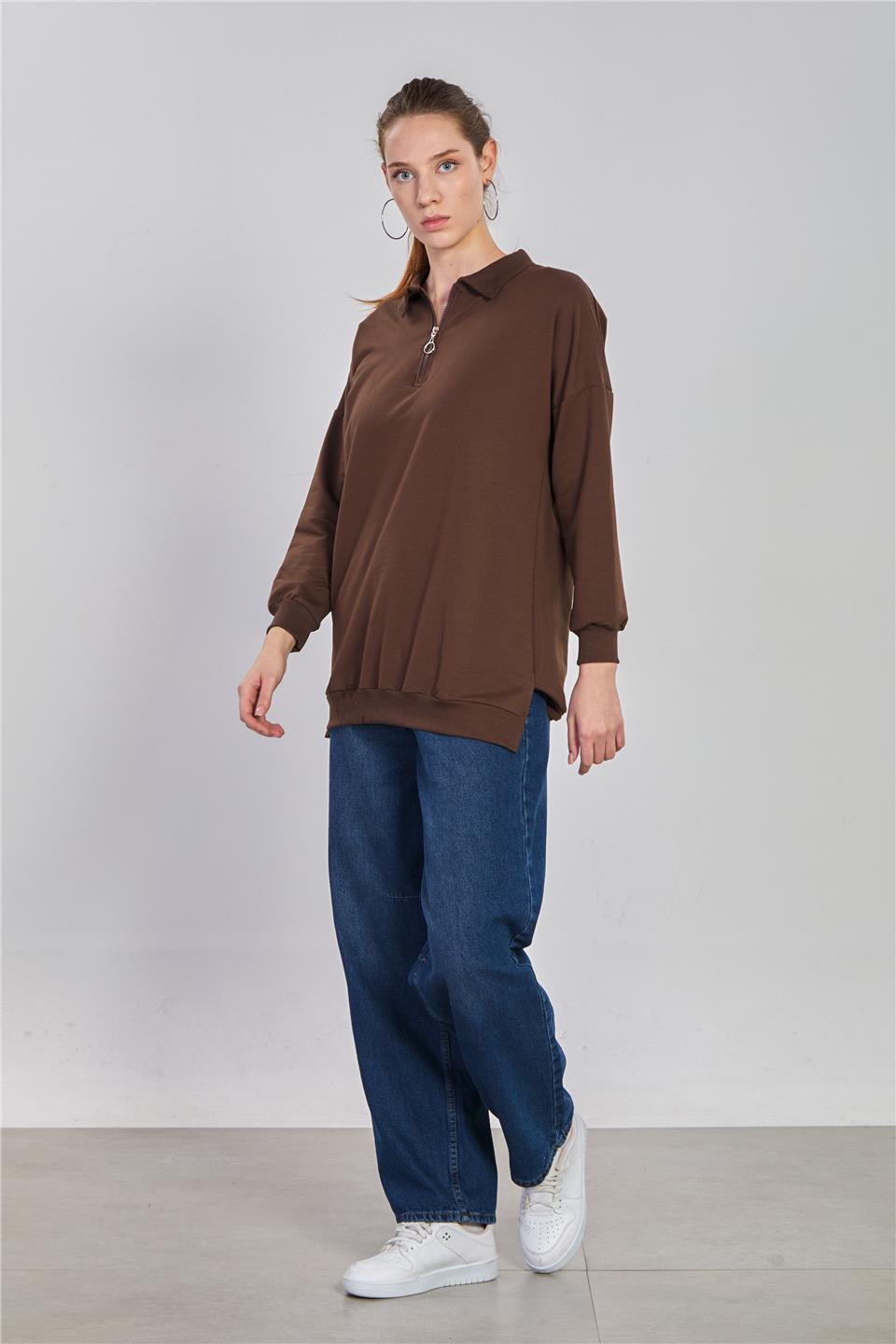 Kadın Önü Fermuarlı Polo Yaka Sweatshirt - Kahve