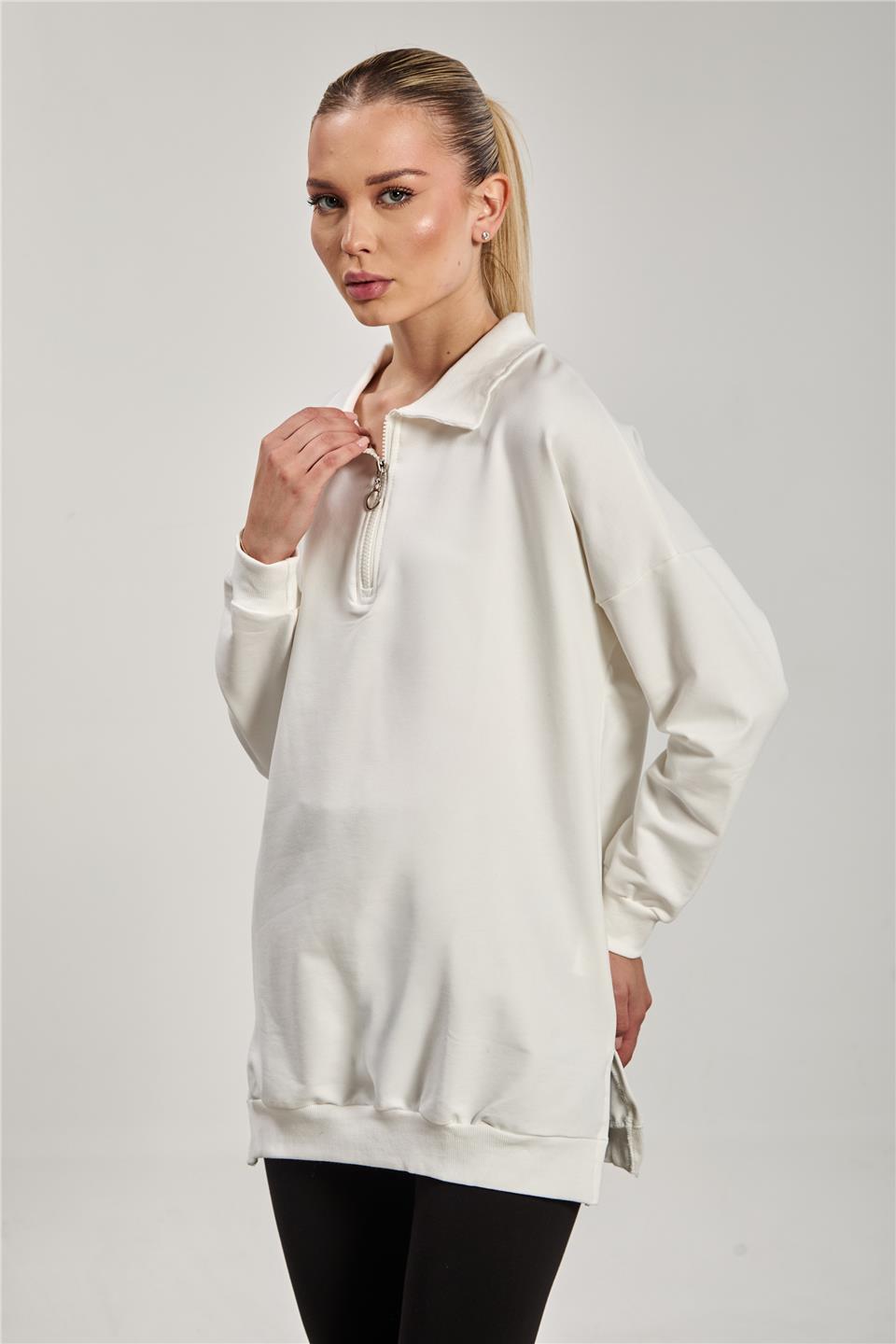 Kadın Önü Fermuarlı Polo Yaka Sweatshirt - Ekru
