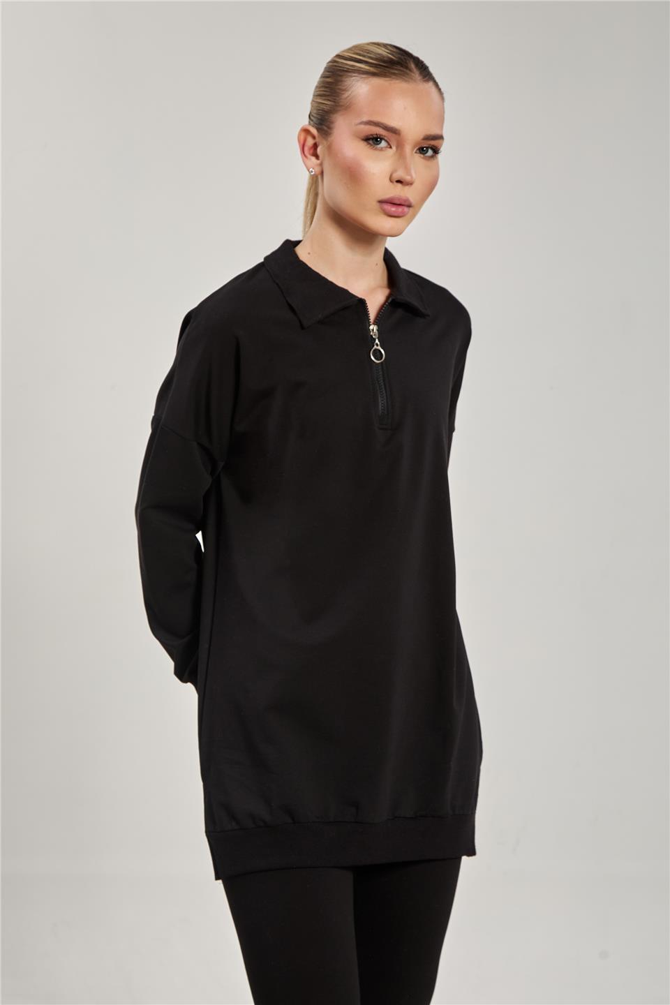 Kadın Önü Fermuarlı Polo Yaka Sweatshirt - Siyah