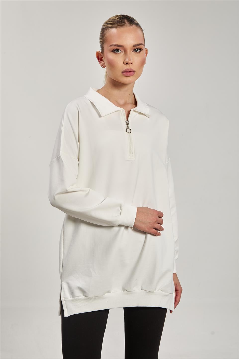 Kadın Önü Fermuarlı Polo Yaka Sweatshirt - Ekru