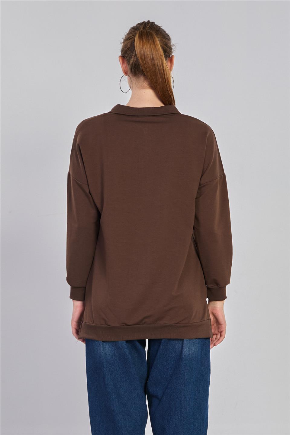 Kadın Önü Fermuarlı Polo Yaka Sweatshirt - Kahve