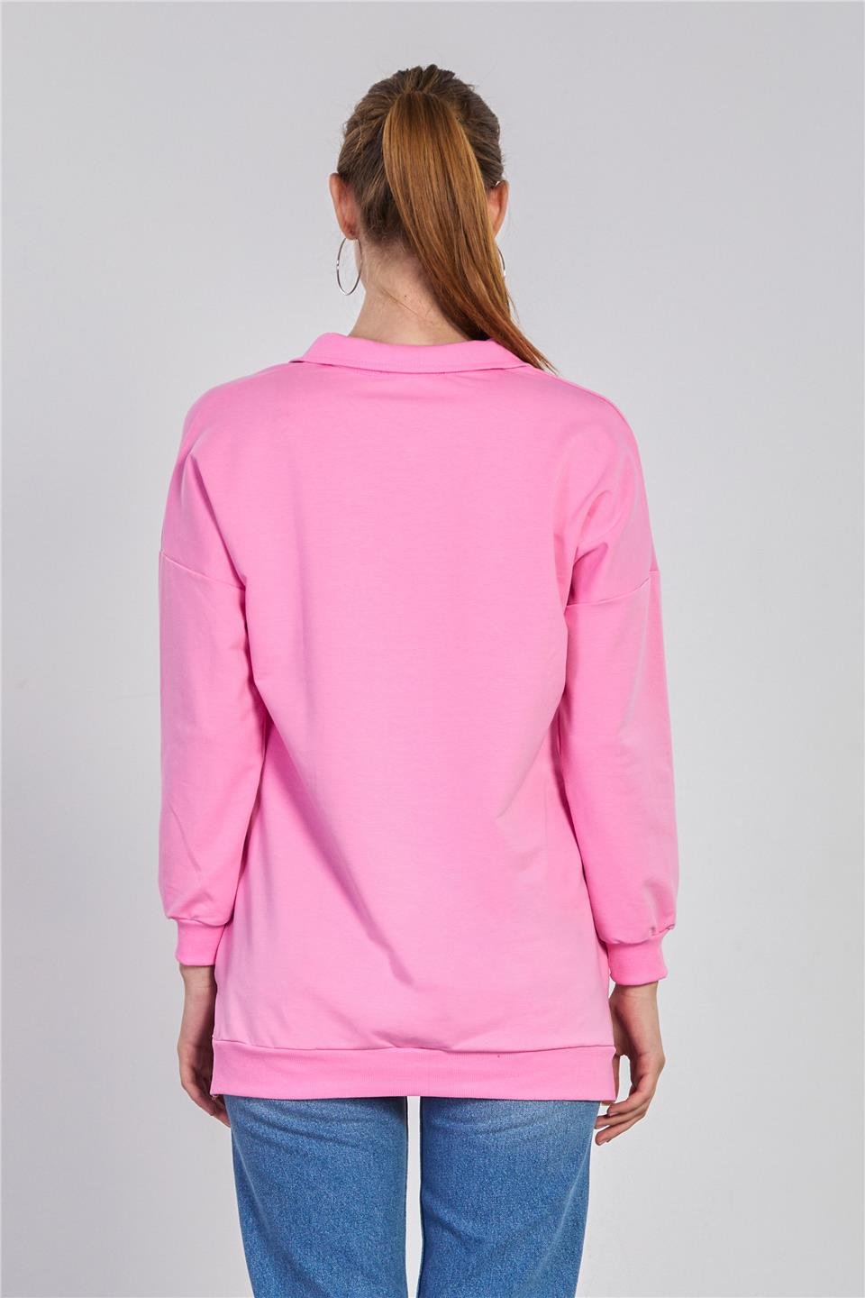 Kadın Önü Fermuarlı Polo Yaka Sweatshirt - Pembe