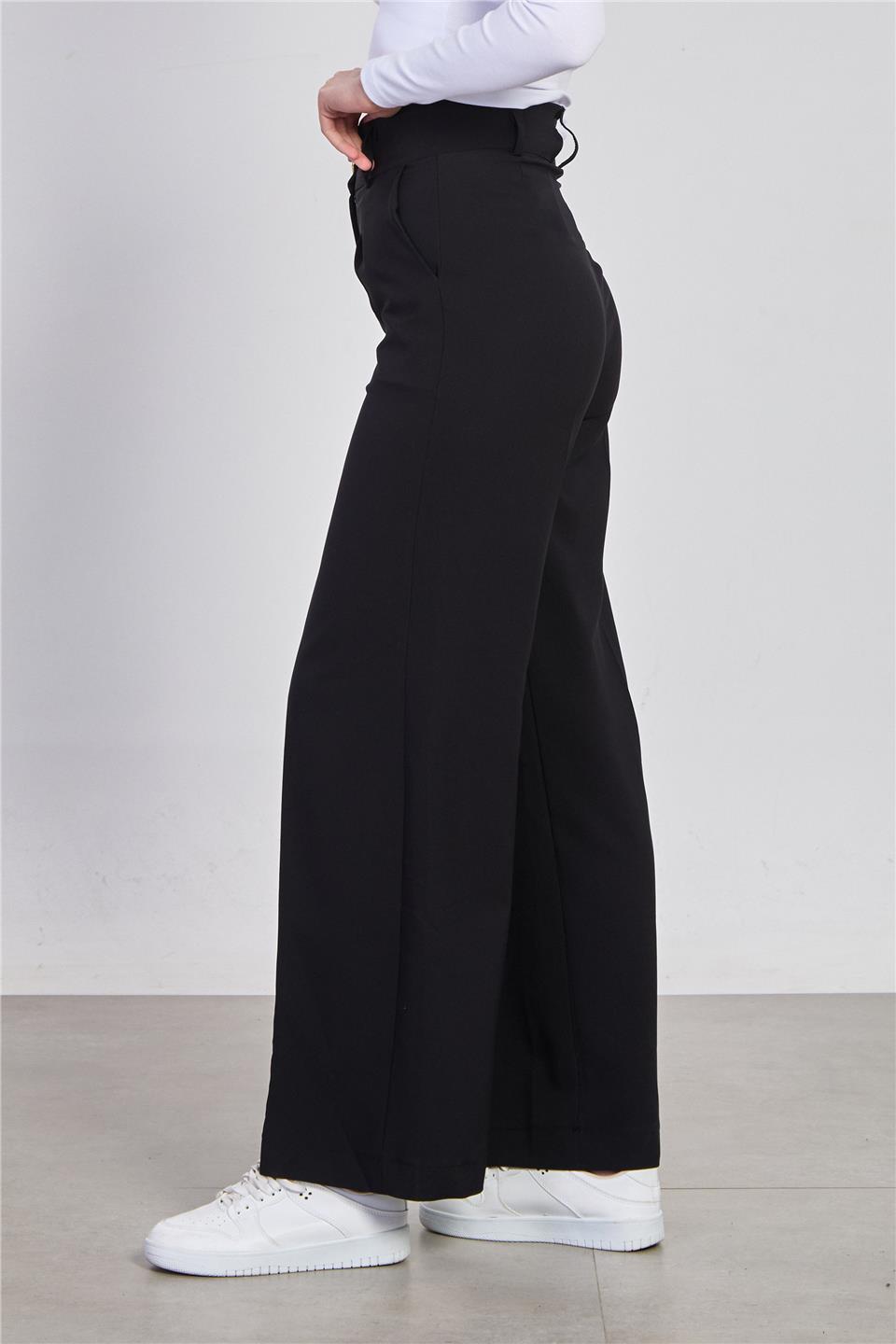 Kadın Önü Pileli Palazzo Kumaş Pantolon - Siyah