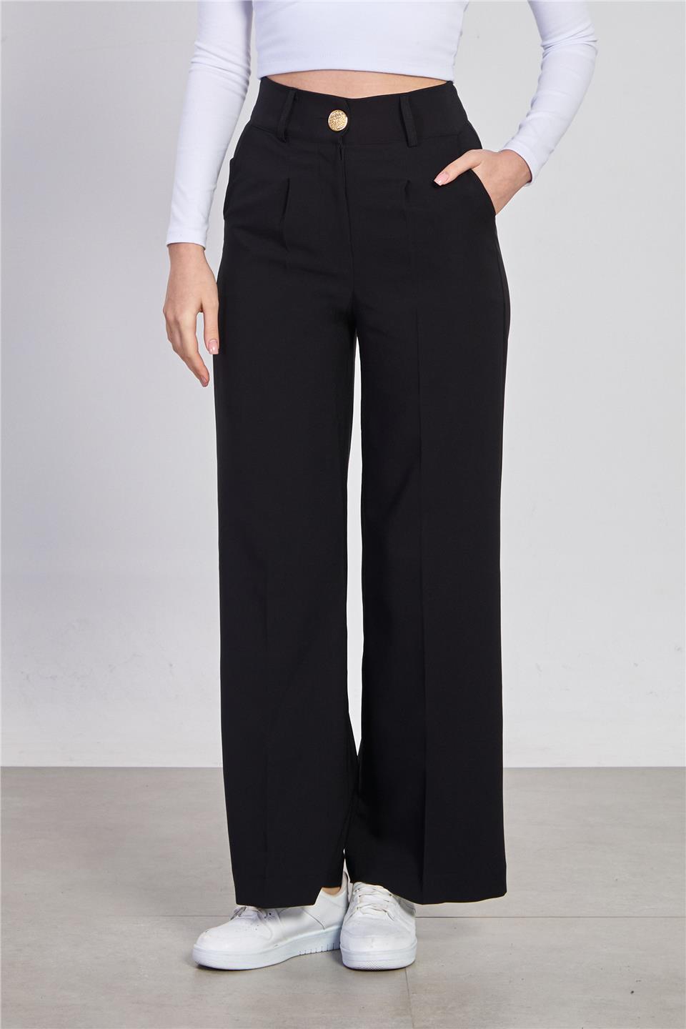 Kadın Önü Pileli Palazzo Kumaş Pantolon - Siyah