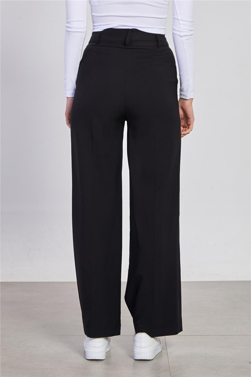 Kadın Önü Pileli Palazzo Kumaş Pantolon - Siyah
