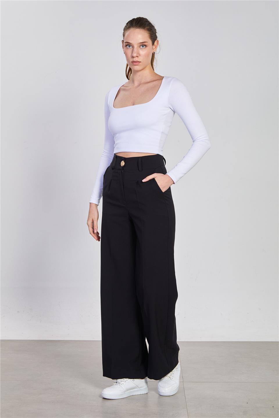 Kadın Önü Pileli Palazzo Kumaş Pantolon - Siyah