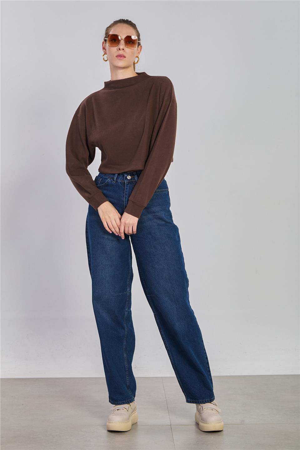 Kadın Oversize Crop Selanik Sweatshirt - Kahve