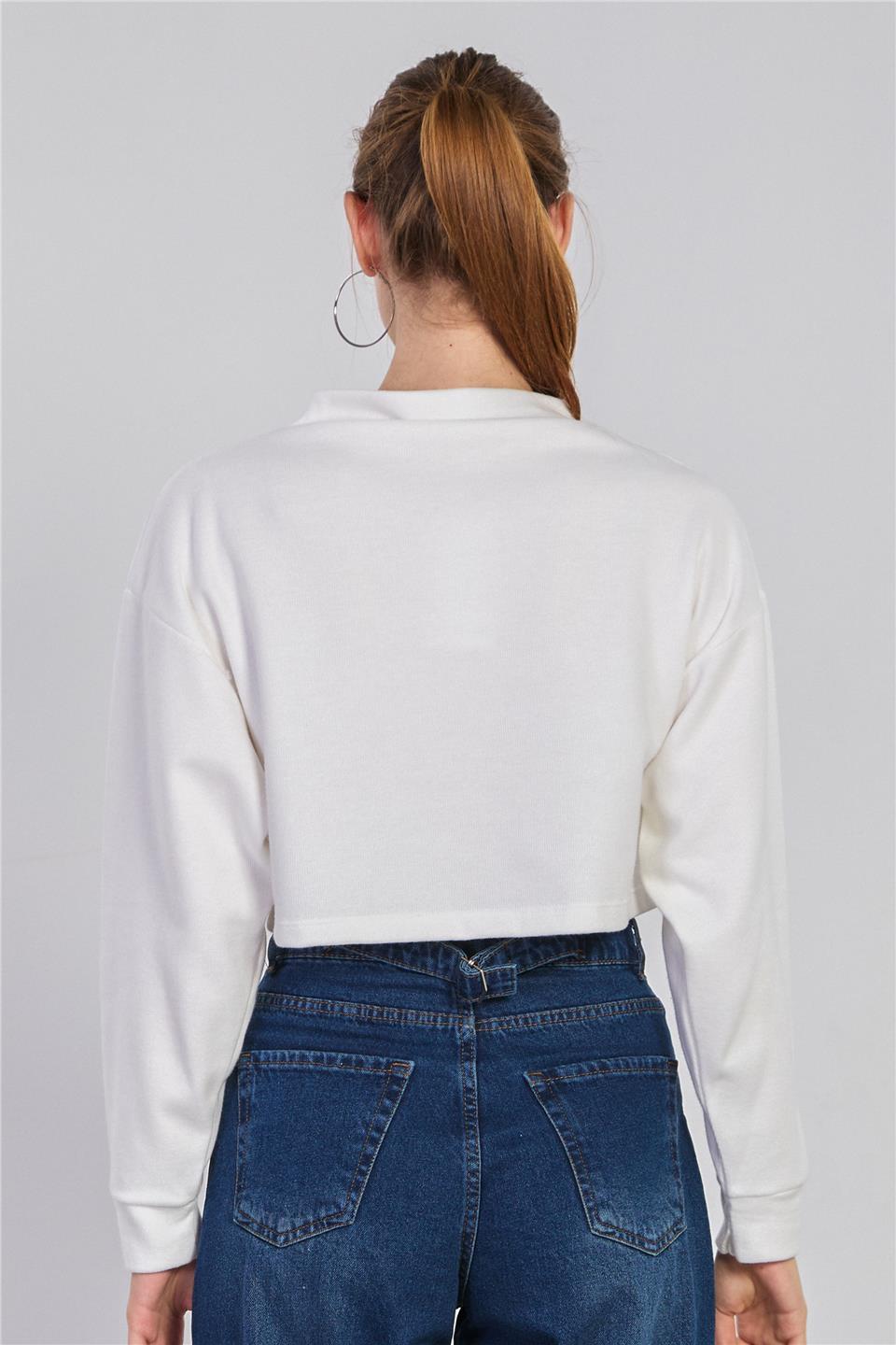 Kadın Oversize Crop Selanik Sweatshirt - Ekru