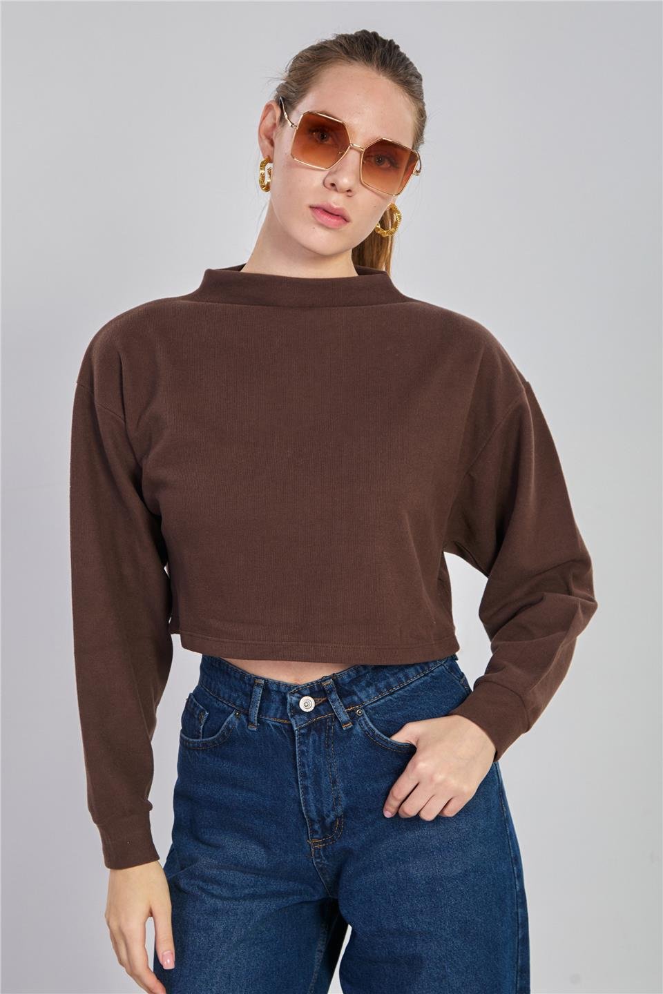 Kadın Oversize Crop Selanik Sweatshirt - Kahve