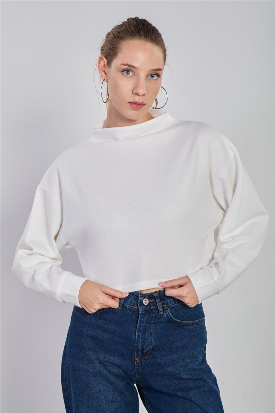 Kadın Oversize Crop Selanik Sweatshirt - Ekru