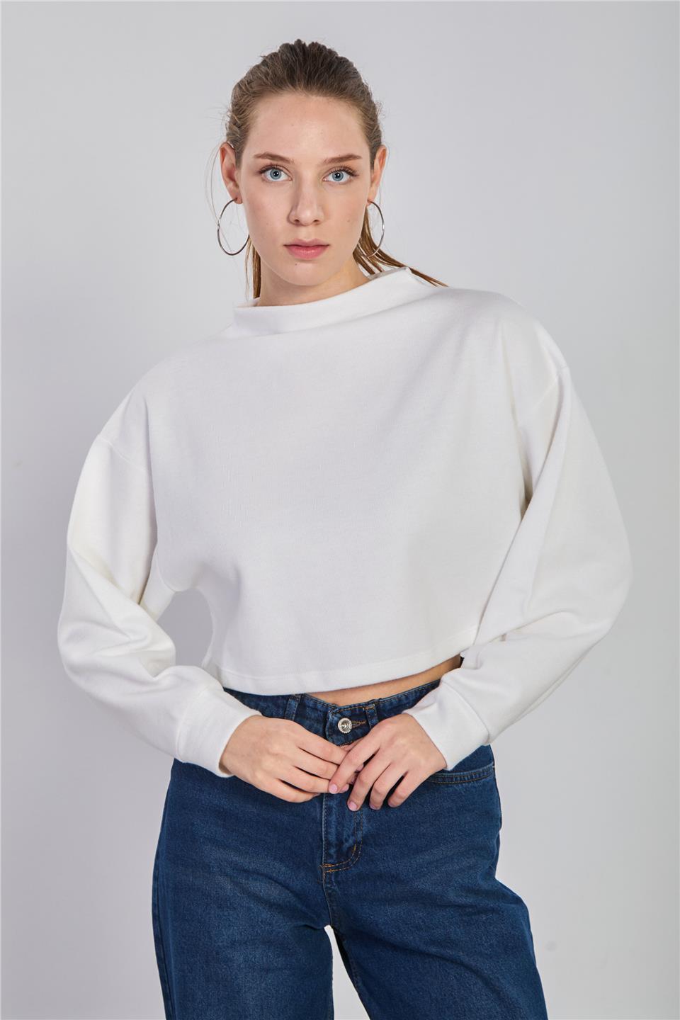 Kadın Oversize Crop Selanik Sweatshirt - Ekru